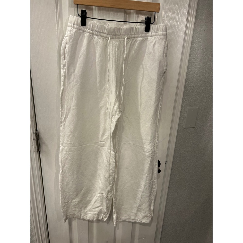H&M‎ Linen Blend Pants White Wide Leg Drawstring Elastic Waist Coastal Summer